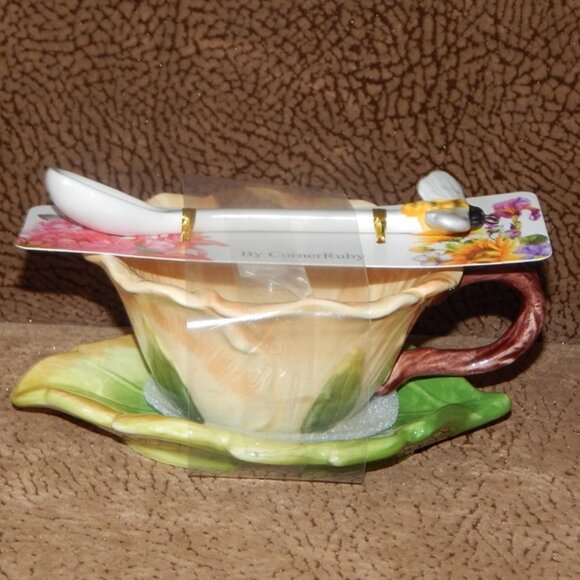 Corner Ruby Garden Collection Gold Sand Flower Teacup Leaf Saucer & Spoon New - Picture 7 of 12
